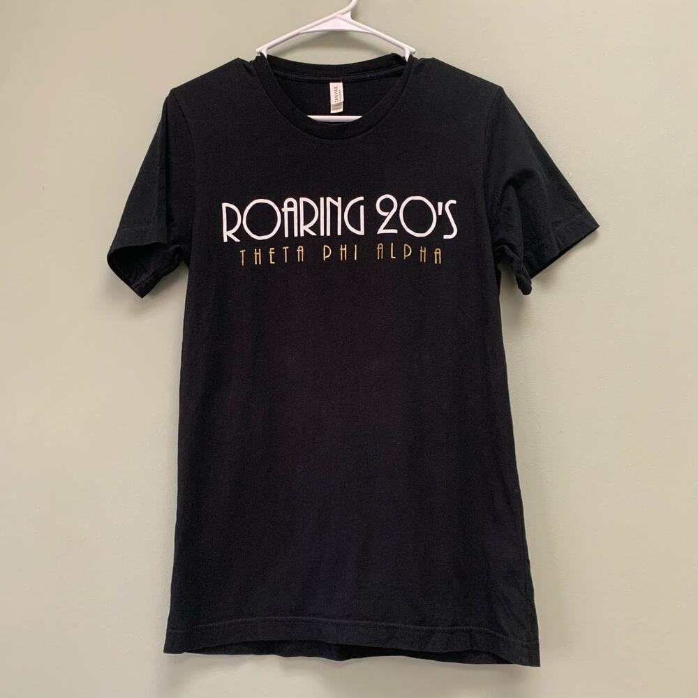 Roaring 20's Theta Phi Alpha Black & Gold V-Neck T-Shirt Short Sleeve Size Small